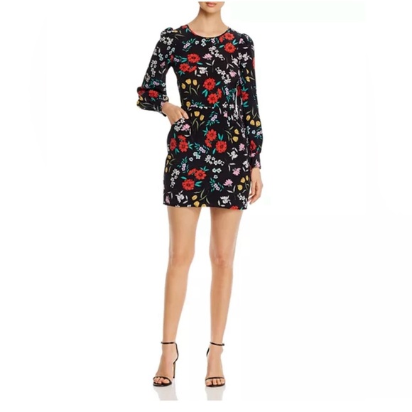 Yumi Kim Atika Black Floral Print Long Sleeve Mini Dress with Pockets- Size 2 - Picture 3 of 7